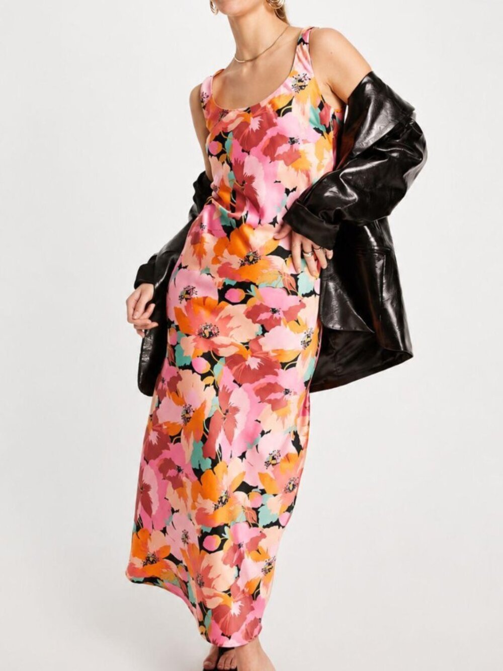 ASOS DESIGN scoop neck midi satin slip dress in pink floral